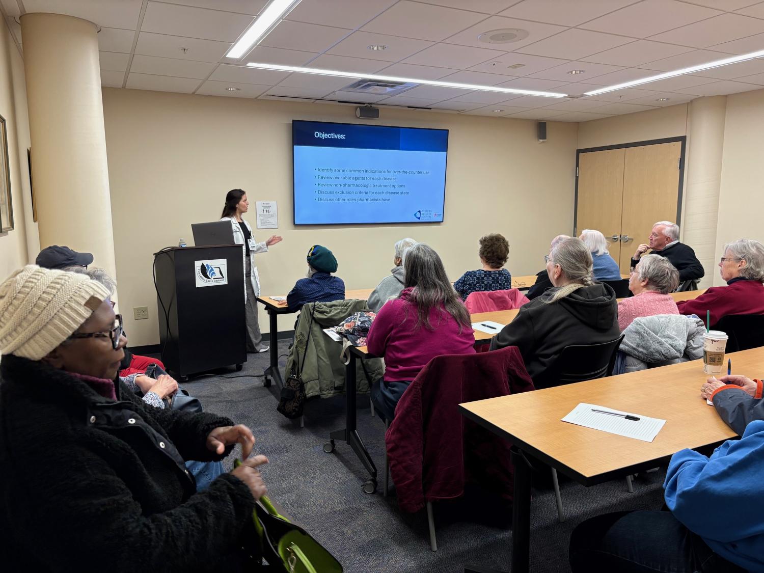 Pharmacy Program Resident, Haley Baker, PharmD presenting to guests about Over-The-Counter products as part of the recent Health Chat event at Cuyahoga Falls Public Library